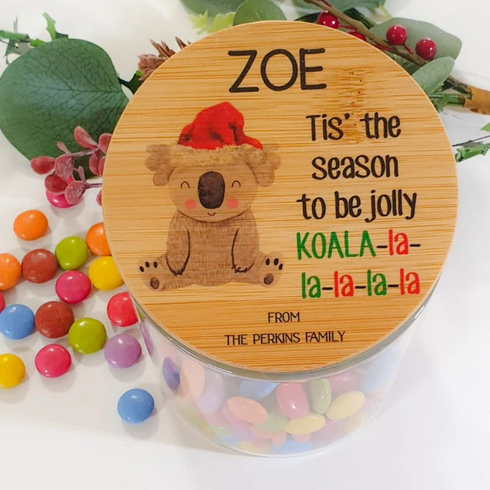 Personalised teacher appreciation lolly jar featuring a christmas koala design and custom teacher name, handmade in Australia.