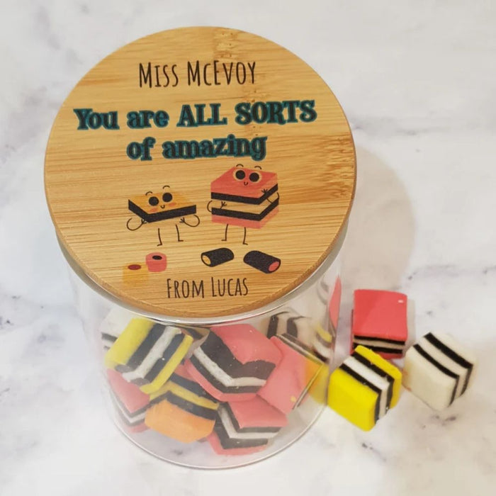 Personalised teacher appreciation lolly jar featuring a licorice design and custom teacher name, handmade in Australia.