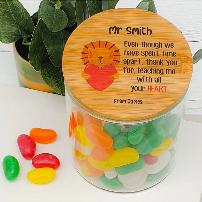 Personalised teacher appreciation lolly jar featuring a lion design and custom teacher name, handmade in Australia.