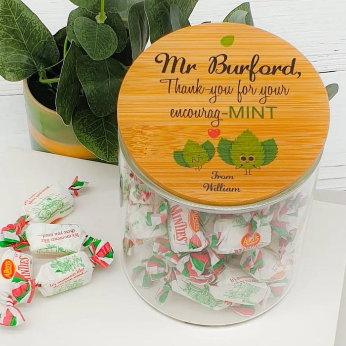 Personalised teacher appreciation lolly jar featuring a mint design and custom teacher name, handmade in Australia.