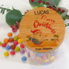 Personalised teacher appreciation lolly jar featuring a surfing design and custom teacher name, handmade in Australia.