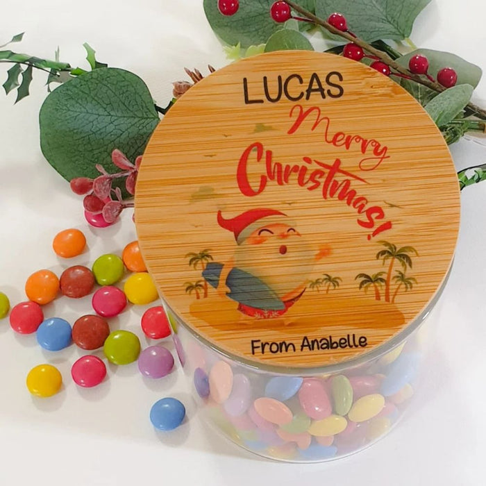 Personalised teacher appreciation lolly jar featuring a surfing design and custom teacher name, handmade in Australia.
