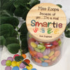 Personalised teacher appreciation lolly jar featuring a smartie design and custom teacher name, handmade in Australia.