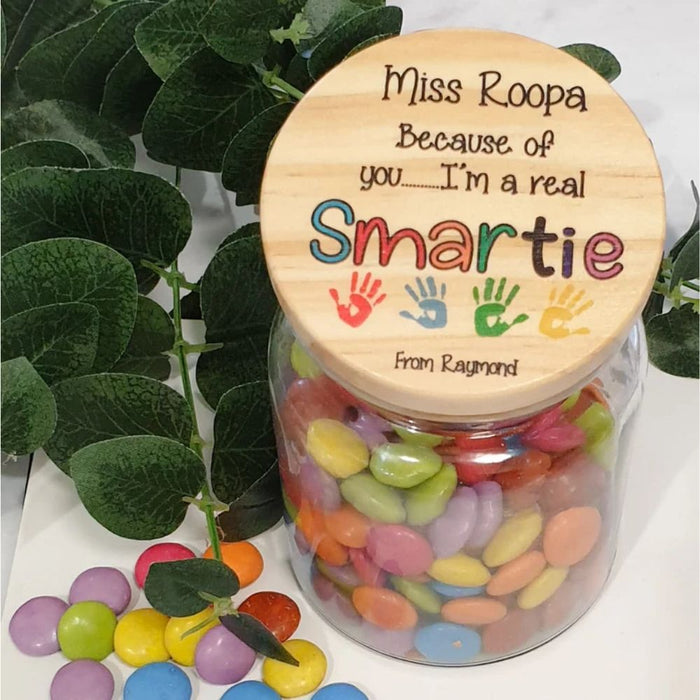 Personalised teacher appreciation lolly jar featuring a smartie design and custom teacher name, handmade in Australia.