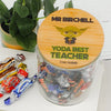 Personalised teacher appreciation lolly jar featuring a star wars design and custom teacher name, handmade in Australia.