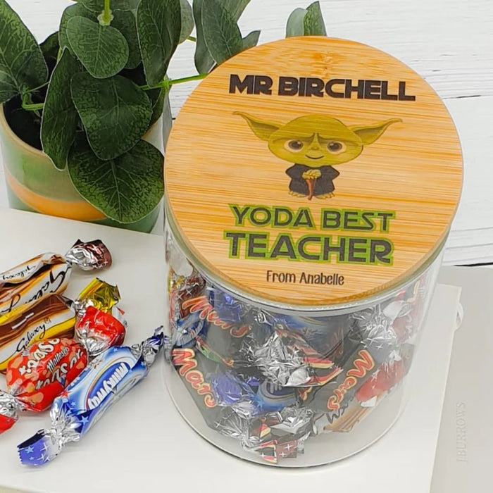 Personalised teacher appreciation lolly jar featuring a star wars design and custom teacher name, handmade in Australia.