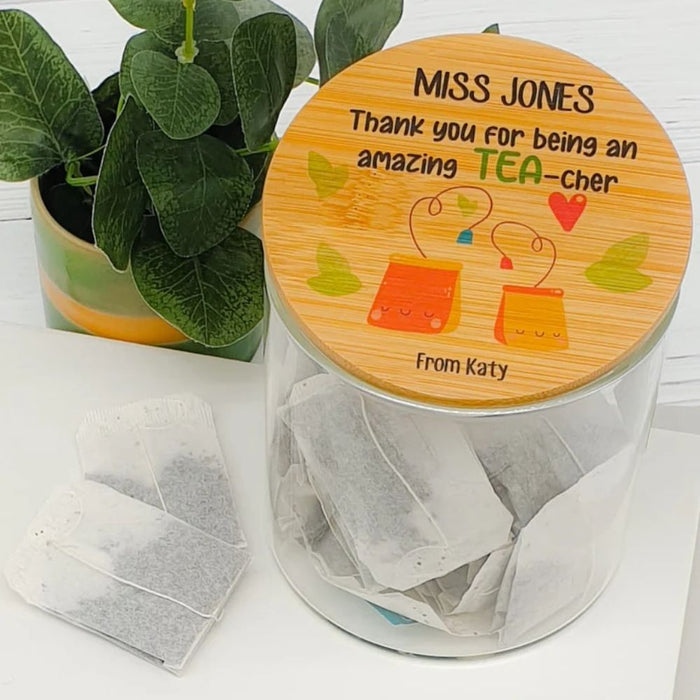 Personalised teacher appreciation lolly jar featuring a tea bag design and custom teacher name, handmade in Australia.