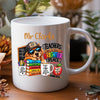 White personalised teacher mug with Mr Forsythe's name, a relaxed dog wearing sunglasses, colourful books and a brighter place teacher quote.