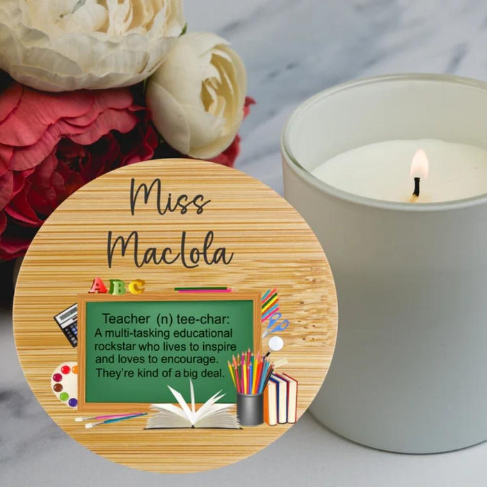 Personalised Best Teacher Ever soy candle with bamboo lid.