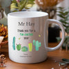 Personalised teacher mug customised with teacher's name, perfect for end of year teacher appreciation gifts.