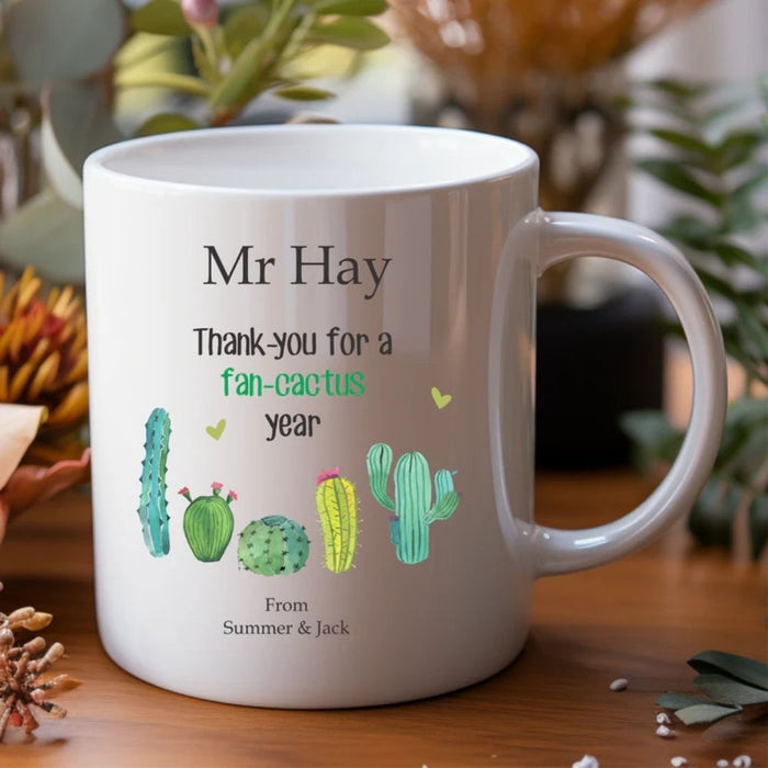 Personalised teacher mug customised with teacher's name, perfect for end of year teacher appreciation gifts.