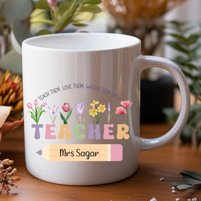 Personalised teacher mug customised with teacher's name, perfect for end of year teacher appreciation gifts.
