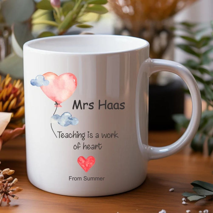 Personalised teacher mug customised with teacher's name, perfect for end of year teacher appreciation gifts.
