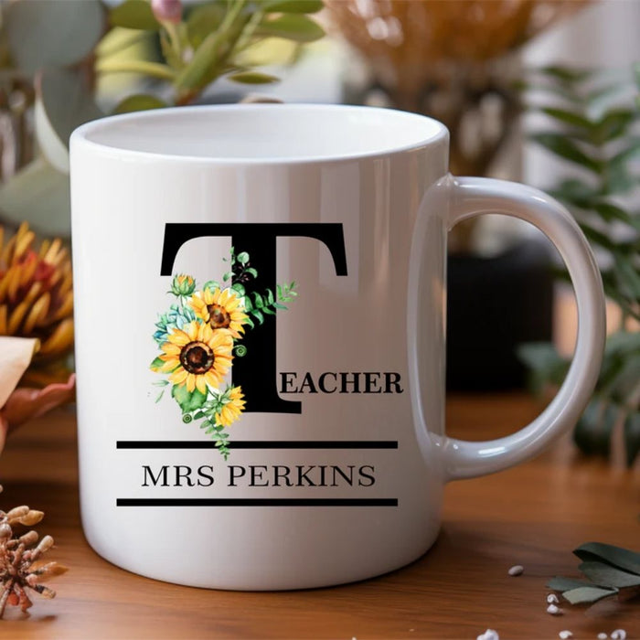 Personalised teacher mug customised with teacher's name, perfect for end of year teacher appreciation gifts.