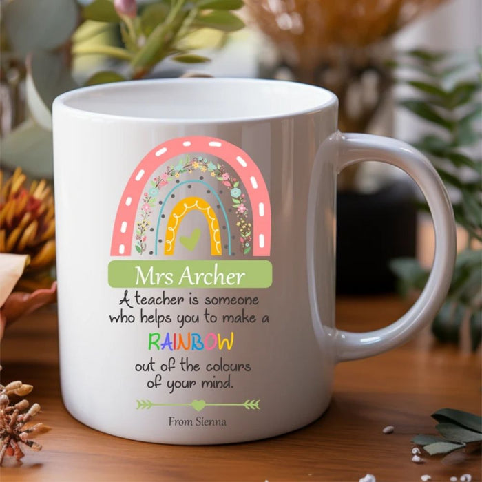 Personalised teacher mug customised with teacher's name, perfect for end of year teacher appreciation gifts.