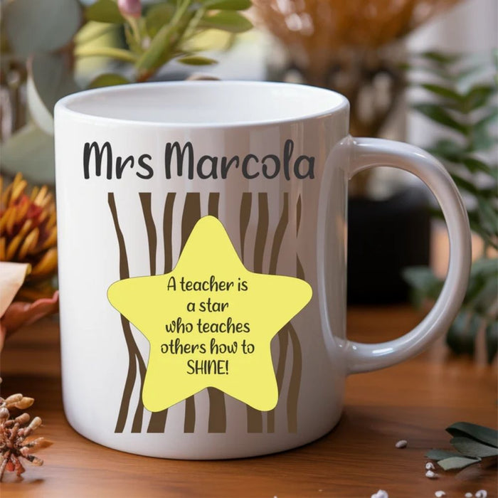 Personalised teacher mug customised with teacher's name, perfect for end of year teacher appreciation gifts.