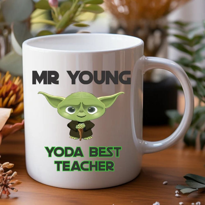 Personalised teacher mug customised with teacher's name, perfect for end of year teacher appreciation gifts.