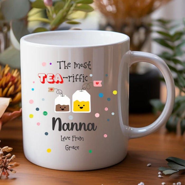 Personalised mug for Mum and Nan featuring custom name and tea design made in Australia